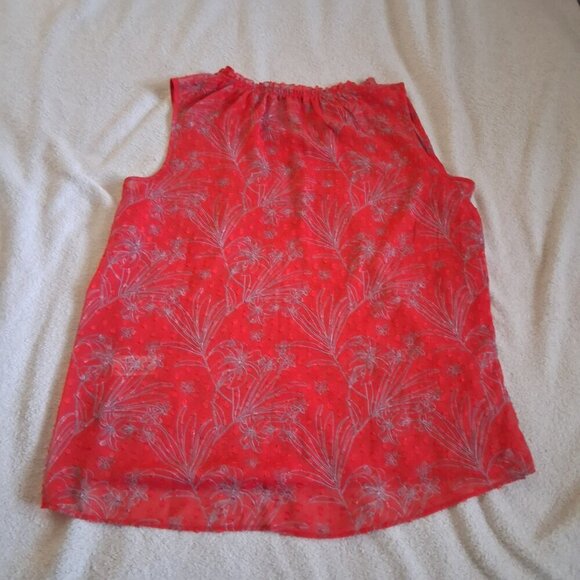 Alfred Sung Women's Size L Poppy Red Floral Ruffle Peasant Sheer Sleeveless Top - Picture 7 of 9